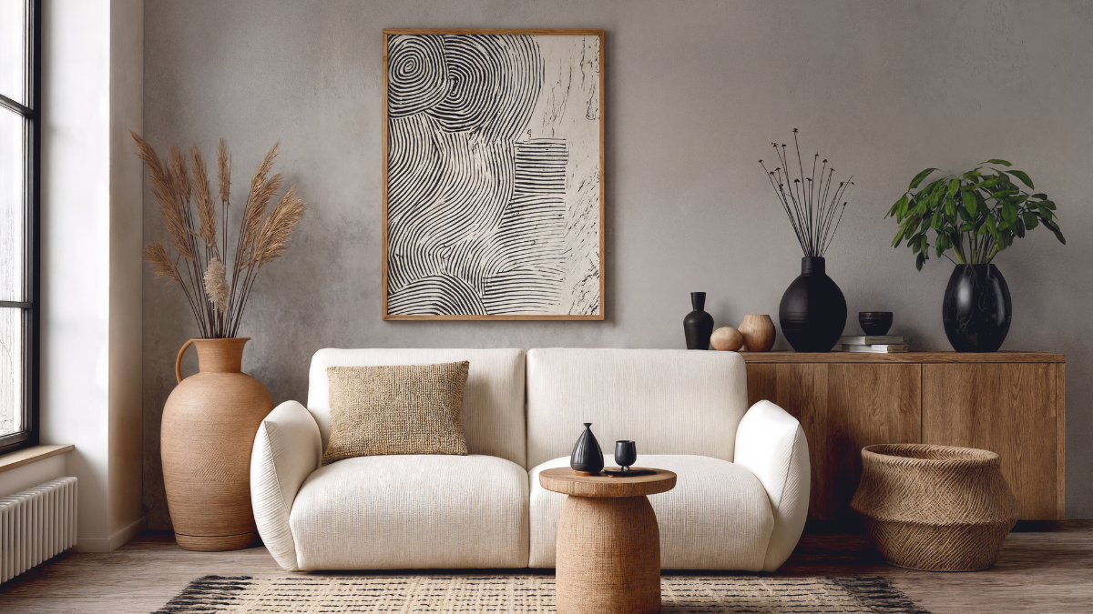 Soggiorno contemporaneo arredato con mobili e complementi scelti da una Home Personal Shopper