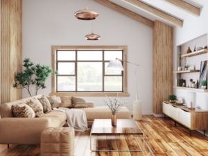 Soggiorno con legno, tessuti e materiali naturali che armonizzano stili diversi