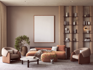 Soggiorno contemporaneo con oggetti decorativi, ceramiche e tessili di stili diversi