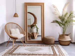 Tappeto decorato abbinato a poltrona in rattan e complementi in fibre naturali